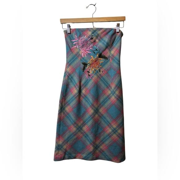 BCBGy2K vintage strapless plaid dress flower embroidery 0 wool blend